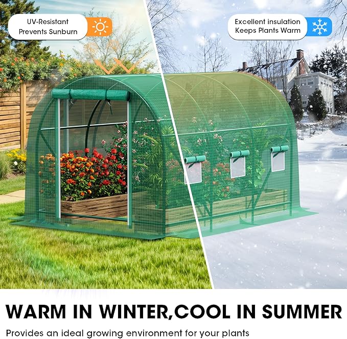 Grezone Walk-in Greenhouse Upgraded Green House with Zippered Screen Doors & 6 Screen Windows Heavy Duty Plastic Plant Warm House with Reinforced Frame (12x7x7 FT)