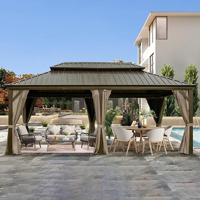 Domi Outdoor Living 12’ X 20’ Hardtop Gazebo, Outdoor Aluminum Frame Canopy with Galvanized Steel Double Roof, Outdoor Permanent Metal Pavilion with Curtains and Netting for Patio, Backyard and Lawn