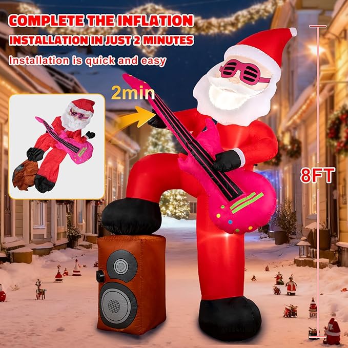 8ft Christmas Inflatable Outdoor Decorations, Blow up Yard Decor with Santa Claus Plays The Guitar and Sings While Stepping on The Speaker, Bright LED Lights Christmas Outdoor Decorations