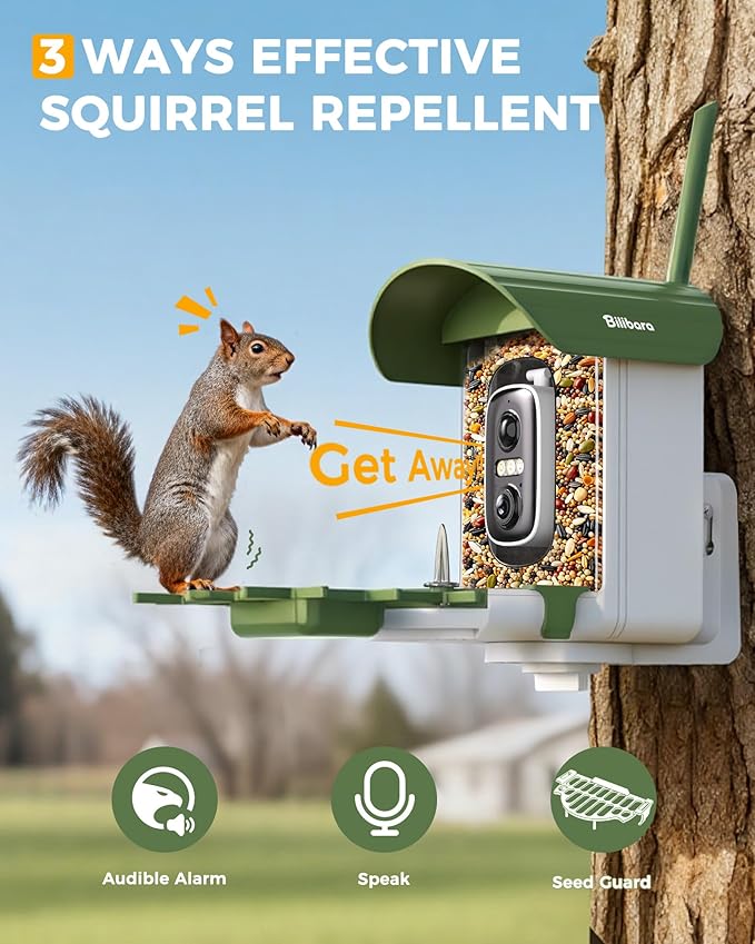 Bird Feeder with Camera, 10000 AI Smart Bird Feeders Solar Powered, 2.4G WiFi, 2K HD and Instant Alerts, Outdoors Squirrel Proof Birds Feeder, Ideal for Parents, Lovers(Green)