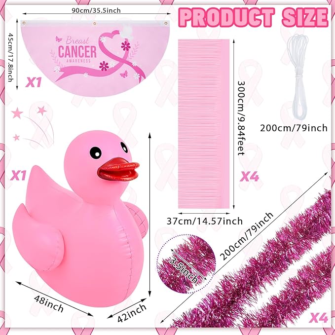 Hungdao Large Breast Cancer Golf Cart Decorations Kit, Giant PVC Pink Inflatable Duck, Tinsel Garlands Tinsel Streamers Fan Flag, Reuseable Indoor Outdoor Decoration for Awareness Parade