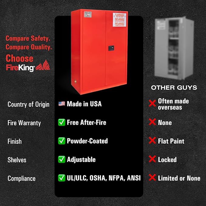 FireKing Red Flammable Safety Cabinet, Combustible Liquids Flammable Storage Cabinet, 45 Gallon Steel Safety Cabinets with Manual Door for Commercial, Industrial & Home Use, 43" x 18" x 65"