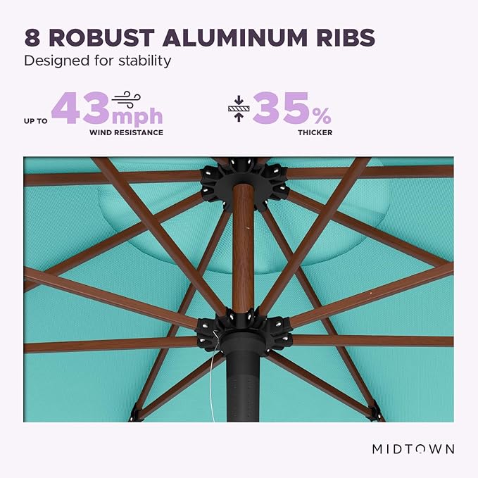 Midtown Umbrellas The Wooden 8 Feet Patio Umbrella With Sunbrella Aruba Acrylic Fabric - Aluminum Frame Market Umbrella For Backyard, Deck, Garden, Pool - Wooden Pole
