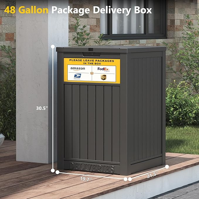 Package Delivery Box for Outside with Sign, 48 Gallon Storage with Lockable Secure, Large Double Wall Resin Outdoor Package Delivery Waterproof