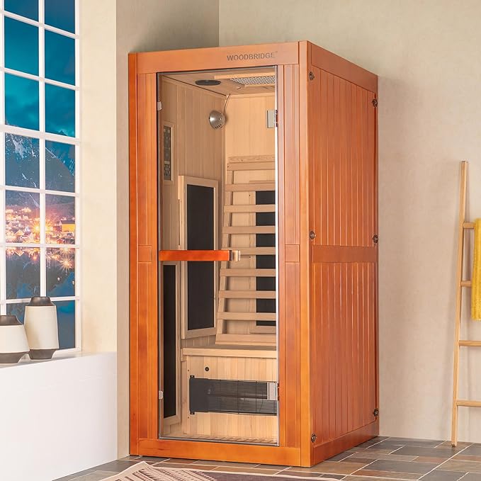 Woodbridge Infrared Home Sauna Room 1 Person Hemlock Wooden Indoor Sauna with 7 Carbon Heaters, Red Light Therapy, Bluetooth Speaker, Intelligent Control Panel, Tempered Glass & Top Vent