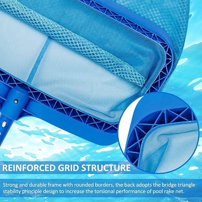 Poolvio Swimming Pool Skimmer Net, Fine Mesh Pool Leaf Rake Net with Double-Layer Deep Bag, Reinforced Frame - Swimming Pool Nets for Cleaning Finest Debris