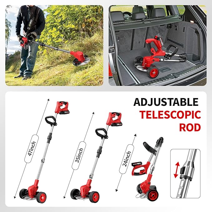 Cordless Weed Wacker, Electric Weed Eater with 4 Types of Blades & 2 * 2.0Ah Batteries, Lightweight Brush Cutter Foldable String Trimmer, Battery Powered Lawn Mover for Lawn Yard (Red)