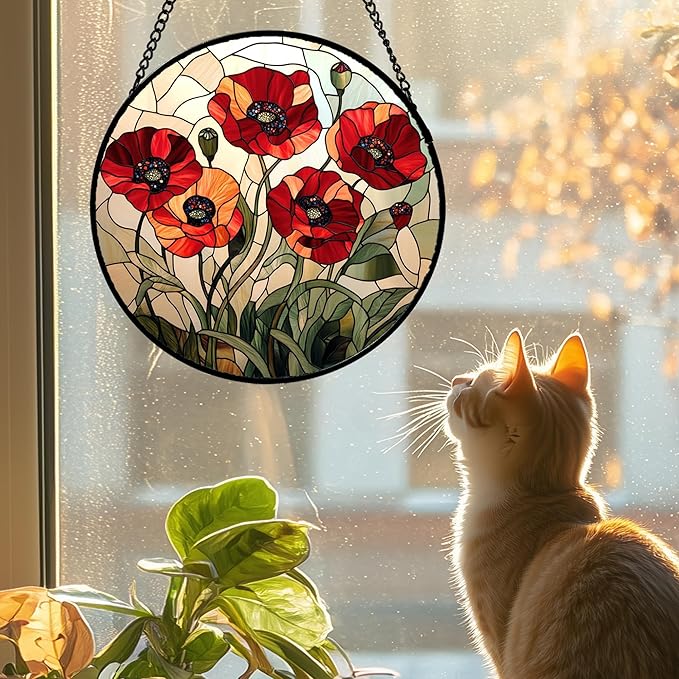 Stained Glass Window Hanging - Red Wildflowers Suncatcher for Door Garden Yard Flowers Sun Catchers Decor Christmas Mother's Day Birthday Gifts for Women Mom Nana Friend Men 9.8 in