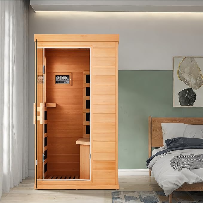 1 Person Infrared Sauna, Hemlock Wooden Indoor Dry Saunas，Full Spectrum Mini Sauna with 4 Heater Panels, Bluetooth Speaker, Tempered Glass Door, Compact and Easy to Use, 110V