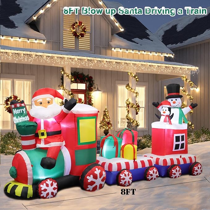 8 FT Christmas Inflatable Train with Santa Claus, Snowman, Penguin, Gift Boxes, Blow Up Yard Decorations with Built-in Lights, Lovely Xmas Train Carriage for Holiday Display Lawn Garden Party Decor