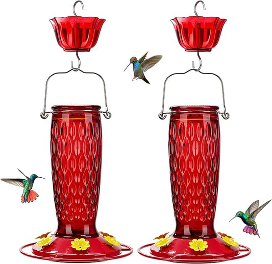 Kingsyard 2 Pack Glass Hummingbird Feeders for Outdoors Hanging, Wild Bird Nectar Feeder with 6 Feeding Ports, 24 oz Leak-Proof, Red (Ant Moat Included)