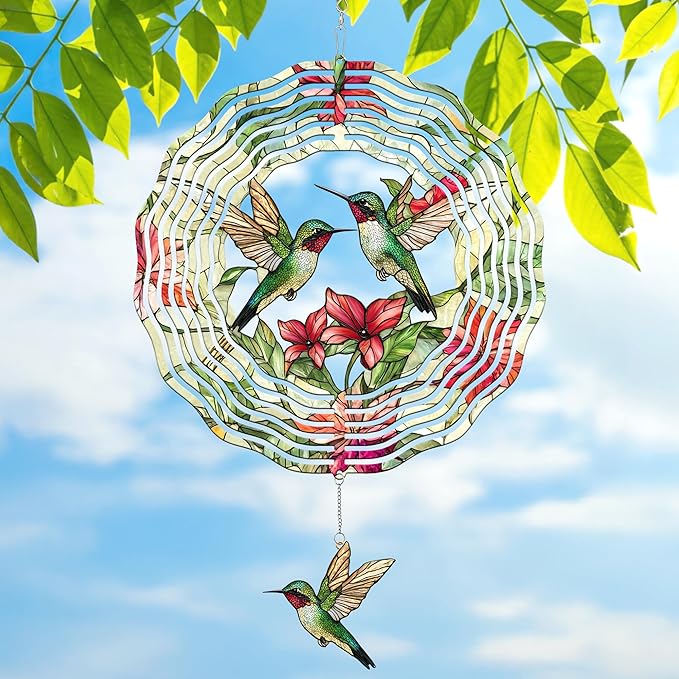 FLAGWIX Christmas Hummingbird Gifts for Women - 3D Stainless Steel Metal Wind Spinners 12in - Hummingbird Wind Spinner Yard Decorations Outdoor Indoor Hanging Garden Decor, Christmas Decorations