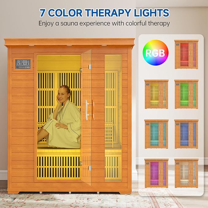 3 Person Infrared Sauna, Indoor Far Infrared Saunas for Home, 2240W Low EMF Canadian Hemlock Wooden Dry Sauna Room with 7 Chromotherapy Lamp, Bluetooth Speakers, 20 Amps