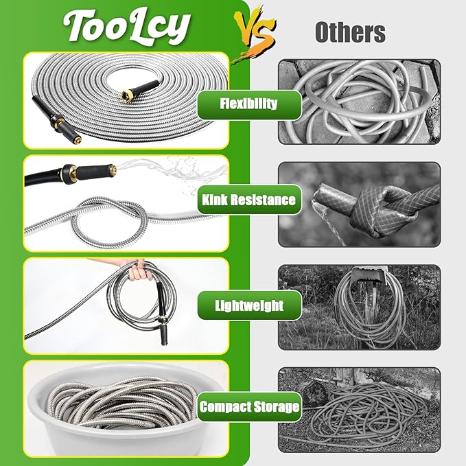 TOOLCY 25 FT Metal Water Hose Stainless Steel Garden Hose with Brass Nozzle - Heavy Duty, No Kink, All Weather, Super Flexible Garden Hoses for Outdoor, Lawn