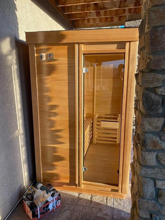 Outdoor Corner Steam Sauna for 2-4 Person, Canadian Hemlock, 6KW ETL Harvia Heater, Modern Sauna Box with Waterproof Asphalt Tiles, Left Door, 220V (0-195℉)