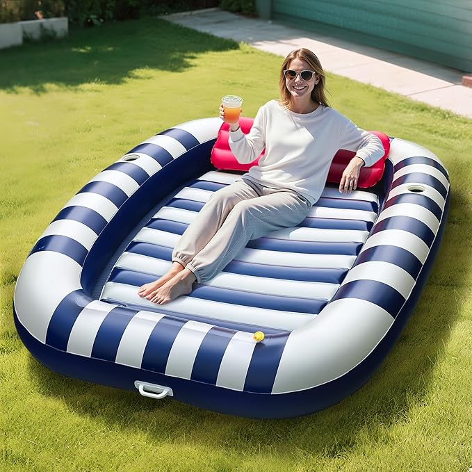 Pool Wave Inflatable Pool Lounger Floats W/Water Sprinkler, 80" x 66" Large Tanning Bed for Adult Kids, Outdoor Sun Bathing Floating Blow up Raft W/Pillow, Summer Beach Lake Family Party Gift - Blue