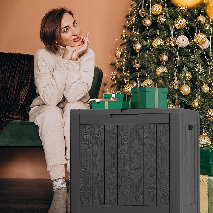 ROJIK Outdoor Storage Housing Deck Box - Waterproof Patio Furniture, Garden Tools, Cushions, Pool Accessories Storage Bench with Lockable Lid and Side Handles (Black, 30 Gal)