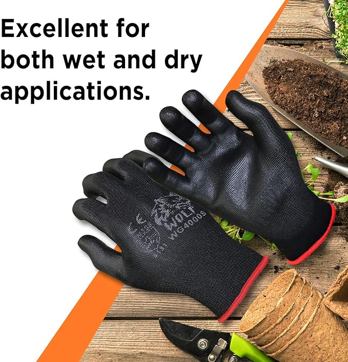 WOLF Polyurethane Palm Coated Nylon Shell Work Gloves, Construction, Mechanic, Warehouse, Yard Work, Gardening