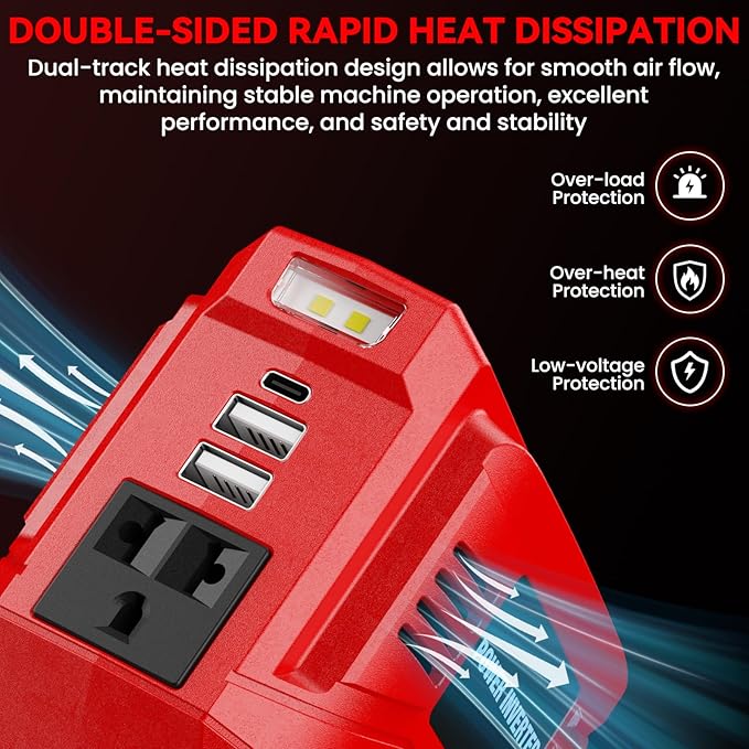 200W Power Inverter for Milwaukee 18V, DC 20V to AC 110V Inverter, Portable Power Station with 2 USB Ports & 1 AC Outlet & 1 Type-C Fast Charging, Battery Adapter with LED, Battery Not Include