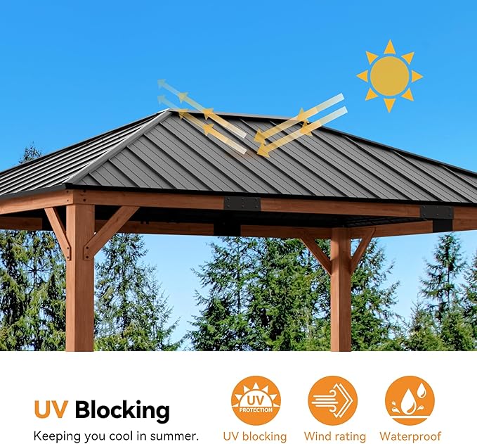 Modern Shade Tranquil Grove Wood Gazebo 12' x 16', Permanent Grill Gazebo with Galvanized Steel Hardtop Roof, Cedar Framed Wooden Pavilion for Garden, Backyard