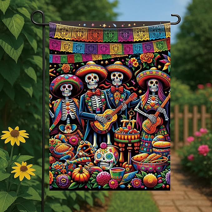 Day of the Dead Garden Flag 12x18 Inch Mexican Sugar Skull Skeleton Band Yard Banner Double Sided Outdoor Dia de los Muertos House Flag Colorful Skull Porch Lawn Decor