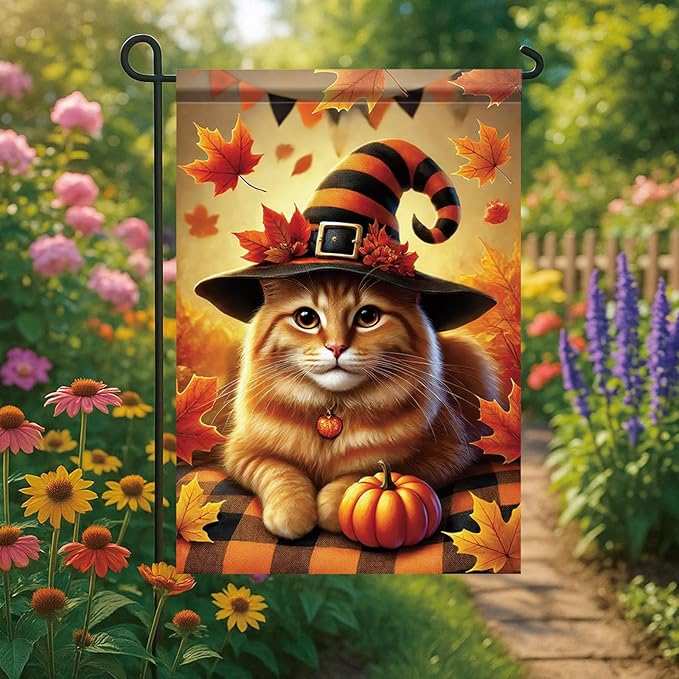Halloween Fall Garden Flag Orange Cat with Pumpkin Hat Flag 12x18 Inch Double-Sided Autumn Witch Hat Plaid Blanket Yard Banner for Porch Lawn Outdoor Decor Thanksgiving Cat Lovers