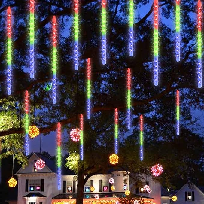 FUNPENY Meteor Shower Rain Lights, 288 LED Christmas Lights Icicle Snow Falling Christmas Light Outdoor Raindrop Light, 30cm 8 Tubes Xmas Tree Holiday Decoration (Multi-Colored)