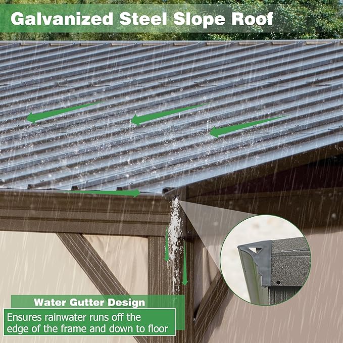 12’ x 14’ Lean to Gazebo, Outdoor Wall Mounted Gazebo Aluminum Frame, Hardtop Pergola with Galvanized Steel Sloping Roof for Patio Deck Garden Backyard, Curtain and Netting Included