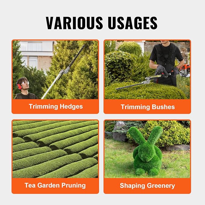 VEVOR Gas Hedge Trimmer 2 Cycle with Extension Pole, 15.7-inch 26cc Gas Powered Pole Hedge Trimmer with Dual Sided Dual Action Blade, Great for Trimming Shrubs, Bushes, w/EPA, CE and EMC Certification