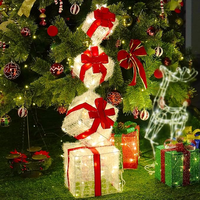 Set of 4 Christmas Lighted Gift Boxes, 3.3FT 70 LED Stackable Light Up Present Boxes for Christmas Decorations Indoor Outdoor Yard Lawn Porch Home Decor(4 Piece Set)