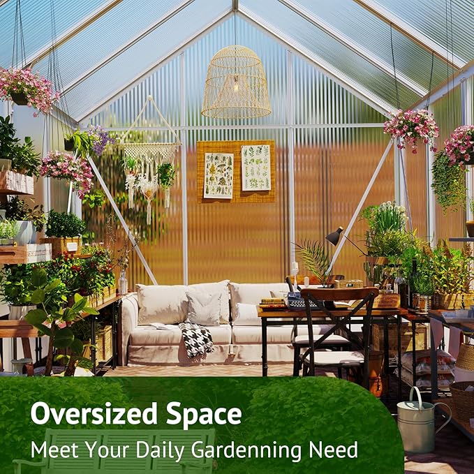 10x6ft Polycarbonate Greenhouse, Heavy Duty Walk-in Aluminum Greenhouse for Outdoors, with Ventilation Window, Sliding Door, Rain Gutter, Green House for Plants Backyard Silver