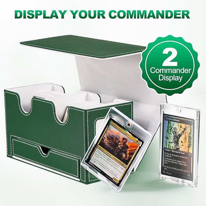 Card Deck Box for MTG, Double Card Storage Box with 2 Commander Display & 1 Dice Tray, Fits 200+ Double Sleeved Cards, Organizer for CCG TCG Sports Cards (Green White)