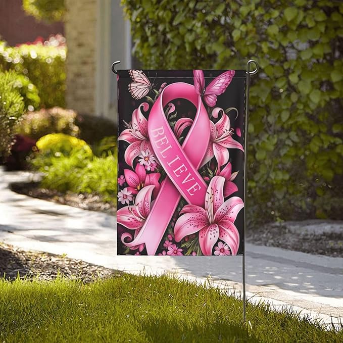 Breast Cancer Garden Flag Vertical Double Sided Outdoor Yard Flags 12.5x18 Inch Burlap Banners for House Lawn