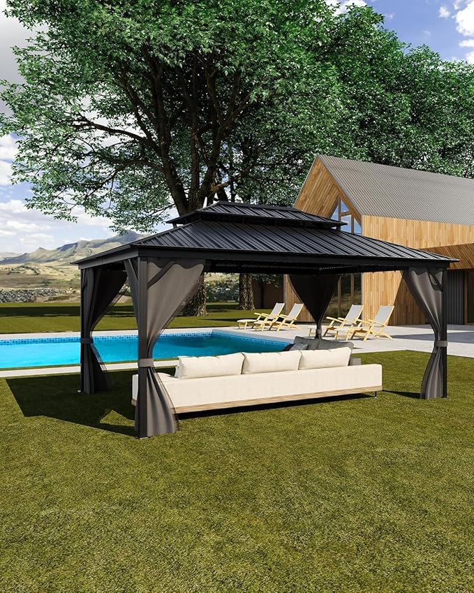 GAOMON Hardtop Gazebo 12'x16' for All Weather, with Double Metal Roof, Aluminum Alloy Frame, Net, and Curtain, Permanent Building of Backyard Luxury for Patio, Deck, Backyard, Lawn, and Garden, Gray