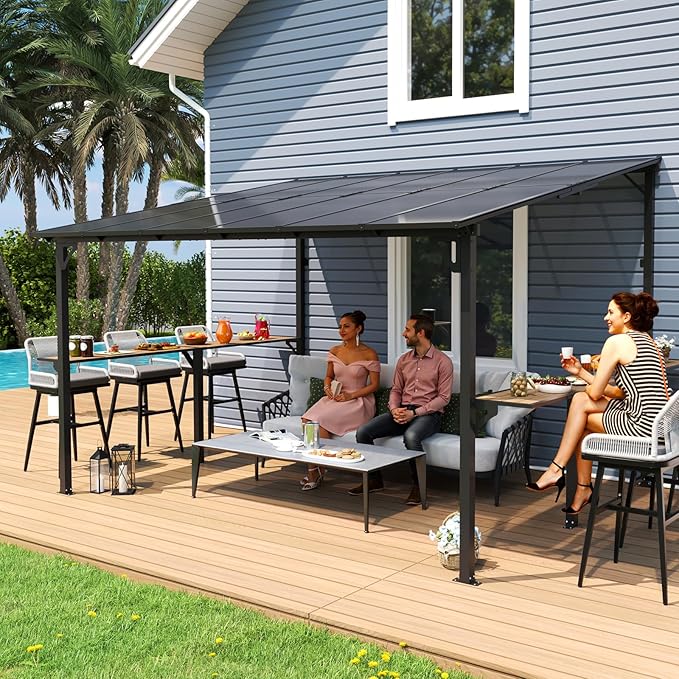 MEISSALIVVE 10' x 12' Wall Mounted Gazebo, Outdoor BBQ Grill Gazebo with Side Shelf, Lean to Metal Awnings with Sloped Roof, Heavy Duty Pergola for Backyard, Deck, Black