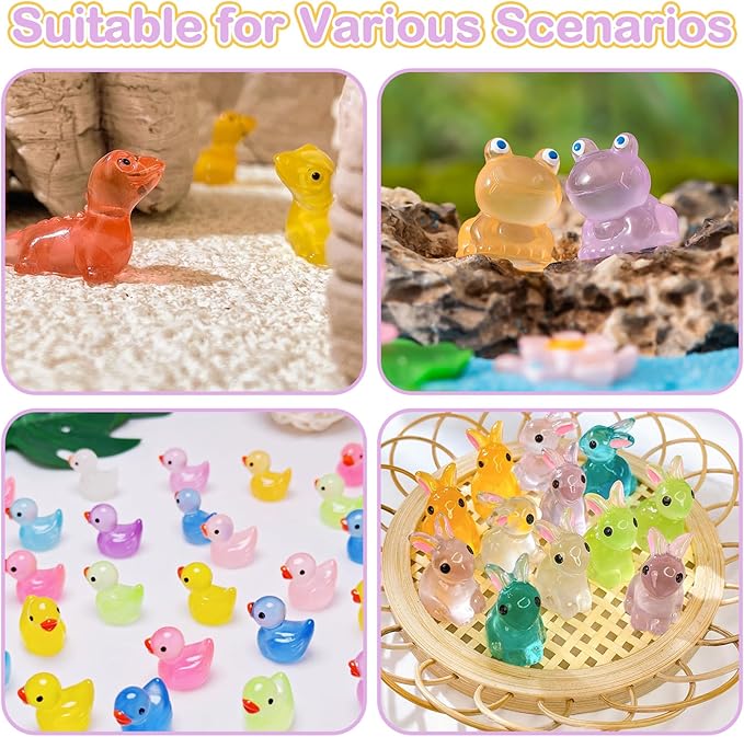 120 Pcs Luminous Mini Resin Animals 12 Styles Glow in The Dark Mini Ducks Pigs Frogs Turtles Chicks Rabbit Puppies Lizards Micro Landscape Decorations for Fairy Garden Landscape Dollhouse Decor Crafts
