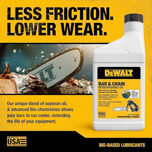 DEWALT – Biodegradable Bar & Chain Oil – Green, Eco-Friendly, Non-Toxic Professional Bar & Chainsaw Lubricant – Ultraclean All-Season Oil for Gas, Electric Saw, & Pole Saw, 16 oz (Case of 24)