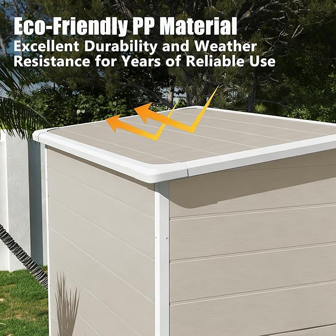 Outdoor Shed 5x3/6x4/7x7/8x6/8x10/8x12 FT, 15MM Thick PP Resin Plastic Shed with Lockable Door & Floor - Waterproof Plastic Tool Shed for Bike, Garbage Can, Backyard, Patio ﻿ ﻿ (Light Brown, 5X3FT)