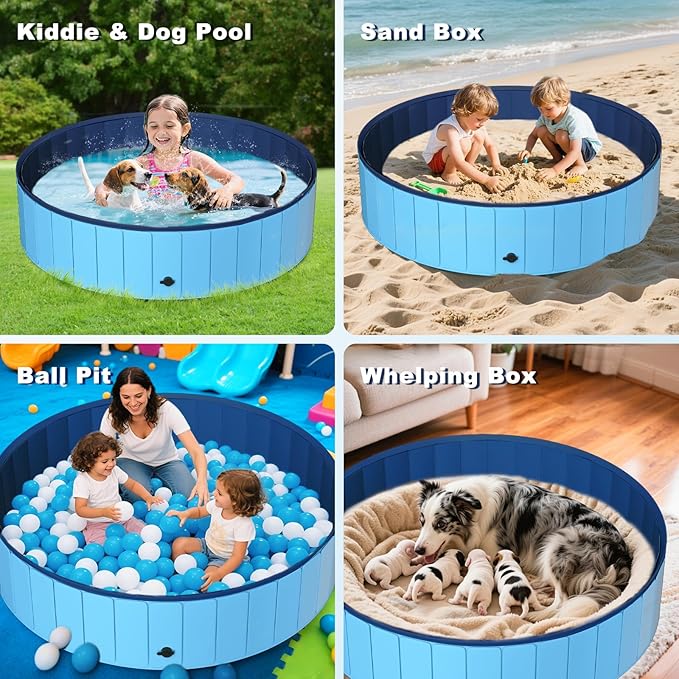 UCCY Foldable Dog Pool for Large Dogs Hard Plastic Kiddie Swimming Pool Non-Slip Portable Dog Bathtubs Collapsible Multi-Use Whelping Box Ball Pit Outdoor Pool for Backyard Duck Pond Blue XL-63"x12"