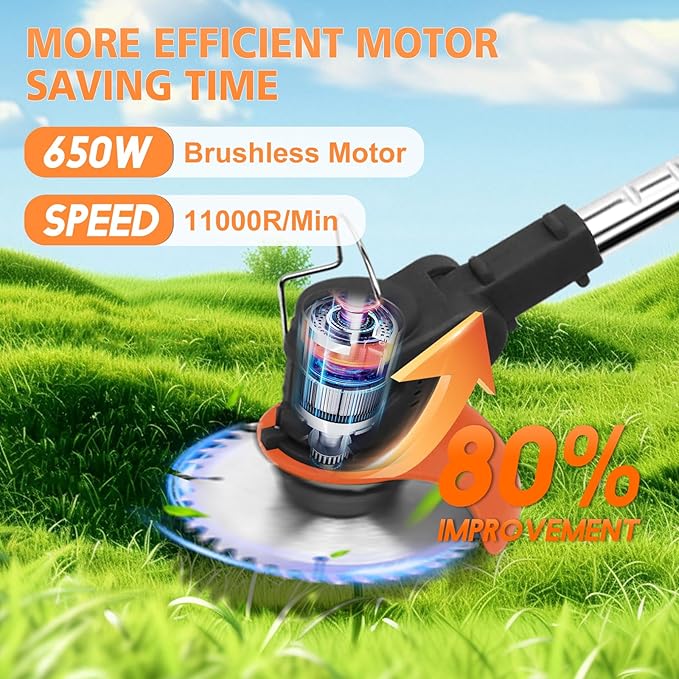 24V Electric Weed Wacker, Cordless String Trimmers with 2 Batteries & Charger, 3 in 1 Stringless Brush Cutter/Weed Eater/Edger/Lawn Mower with 3 Types Blade & Wheels for Garden and Yard Lawn