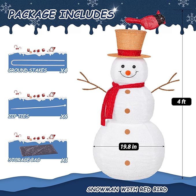 NALONE 4 FT Christmas Lighted Snowman with 100 LED Lights & Timer, Collapsible Snowman Christmas Decorations Outdoor Yard Home, Fluffy Snowman with Bird