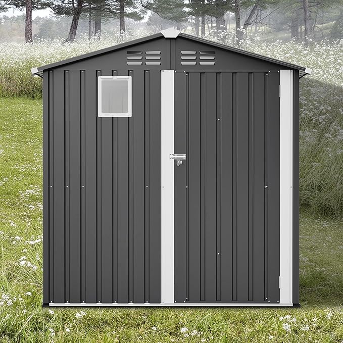 6x4 FT Metal Outdoor Storage Shed with Window, Steel Utility Tool Shed House, Garden Tool Storage Cabinet for Backyard Patio Lawn (6' x 4' No Floor Frame), Black