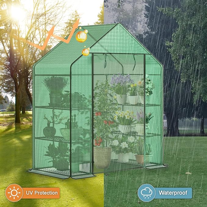 Greenhouse, 56 x 28 x 76'' Heavy Duty Greenhouses for Outdoors, Green House with Roll-Up Door Thicken PE Cover, Portable Walk-in Green Houses for Outside with 3 Tier 4 Shelves