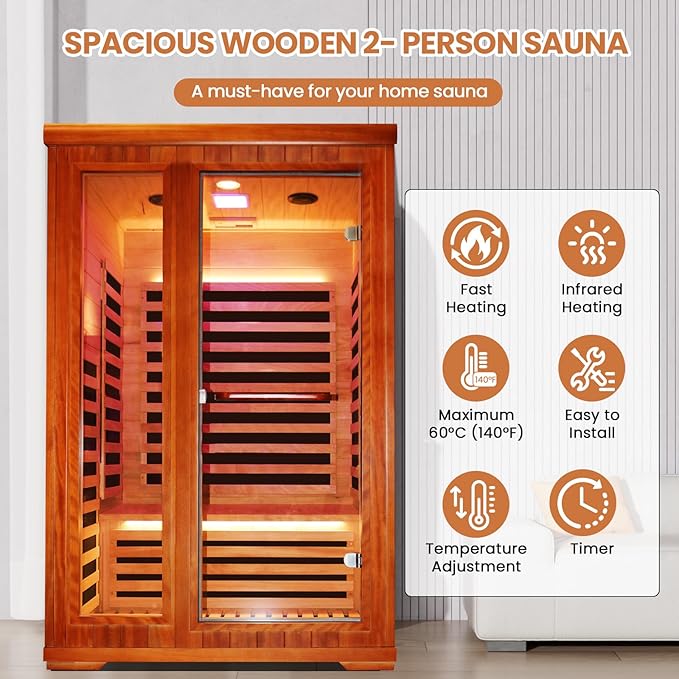 Sauna Infrared Sauna 2 Person Sauna Room Far Infrared for Sauna Home Indoor 1880W/110V Low-EMF Wood Okoume Dry Sauna Two Person Sauna with Air Hole, 7 Color Therapy, Speaker - 47.2 * 41.3 * 74.8 in