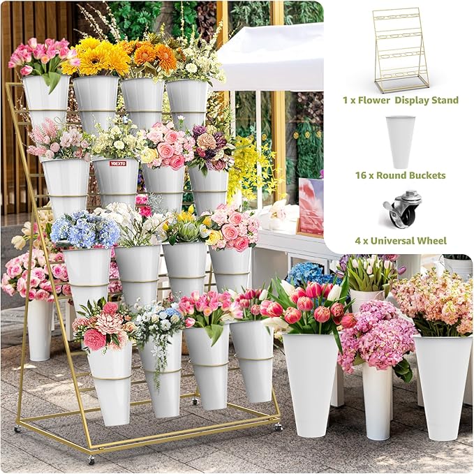 Flower Display Stand 4 Layers with 16 PCS Round Buckets, Plant Stand with Wheels, Movable Metal Plant Stand for Terrace Garden, Florist Shop (Gold Frame, White Buckets, 4-Tier, 16 Buckets)