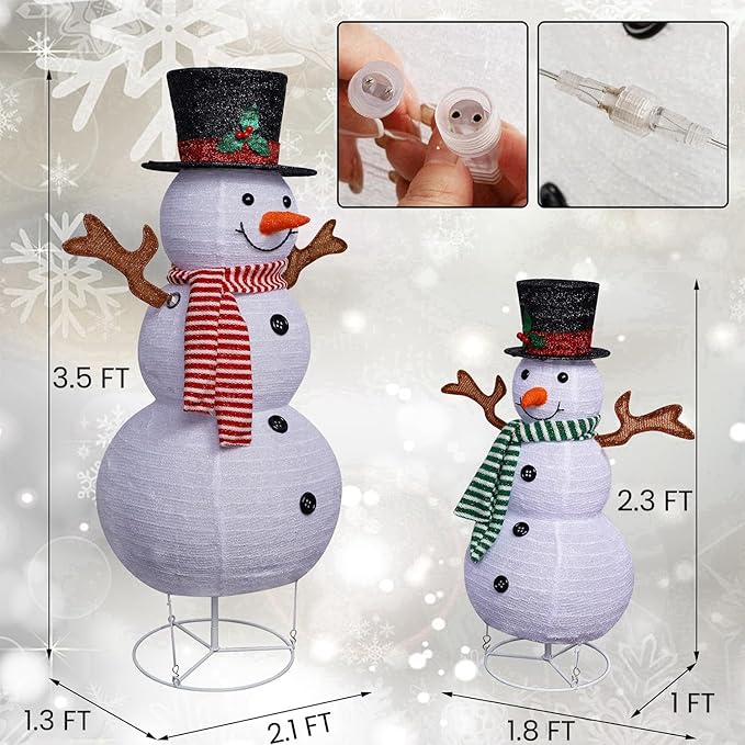 Juegoal Set of 2 Lighted Christmas Snowman Decorations, 3.5+2.3FT Outdoor Collapsible White Snowmen with LED Lights, Pre-Lit Pop Up Xmas Yard Display, Plug in for Holiday New Year Winter Lawn Garden