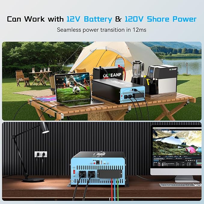 3500W Pure Sine Wave Inverter with Transfer Switch, 12V DC to 120V AC Converter with 2AC Outlets, USB Port, Type-C Port, Remote Controller, Power Inverter for RV, Outdoor, Auto Swtich to Shore Power