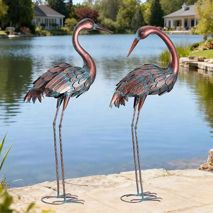 chisheen Crane Garden Statues Outdoor Yard Decorations Metal Heron Yard Art Bird Sculpture Decor for Outside Lawn Patio Large Size, for Women Mom,Set of 2
