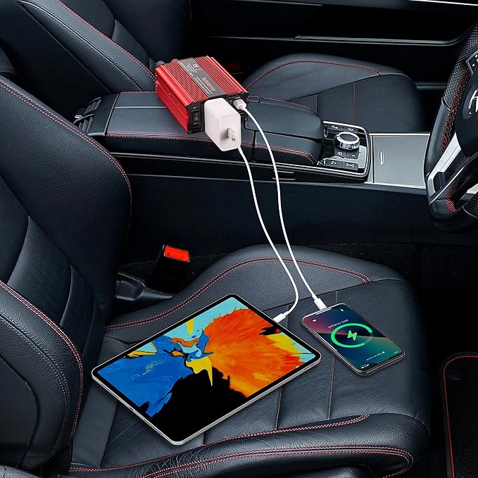 300W Power Inverter DC 12V to 110V AC, Durable Aluminum Housing Car Charger Adapter with 1A USB Charging Port, 1.6ft Car Plug in Cigarette Lighter Outlet for Phone, Laptop