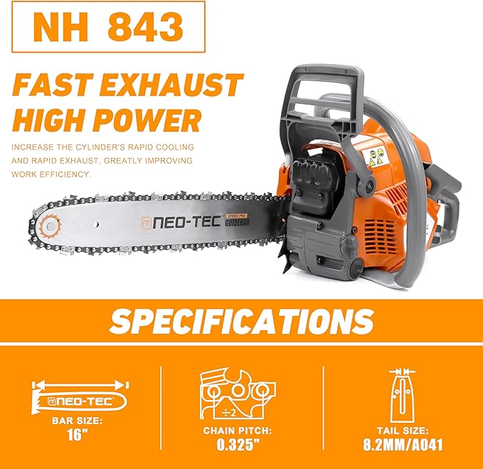NEOTEC 43cc Gas Chainsaw, NH843 Powerhead with 16 Inch Guide Bar and Chain, Power Chain Saw 2.95HP 2,2KW 16" Gasoline Chainsaws
